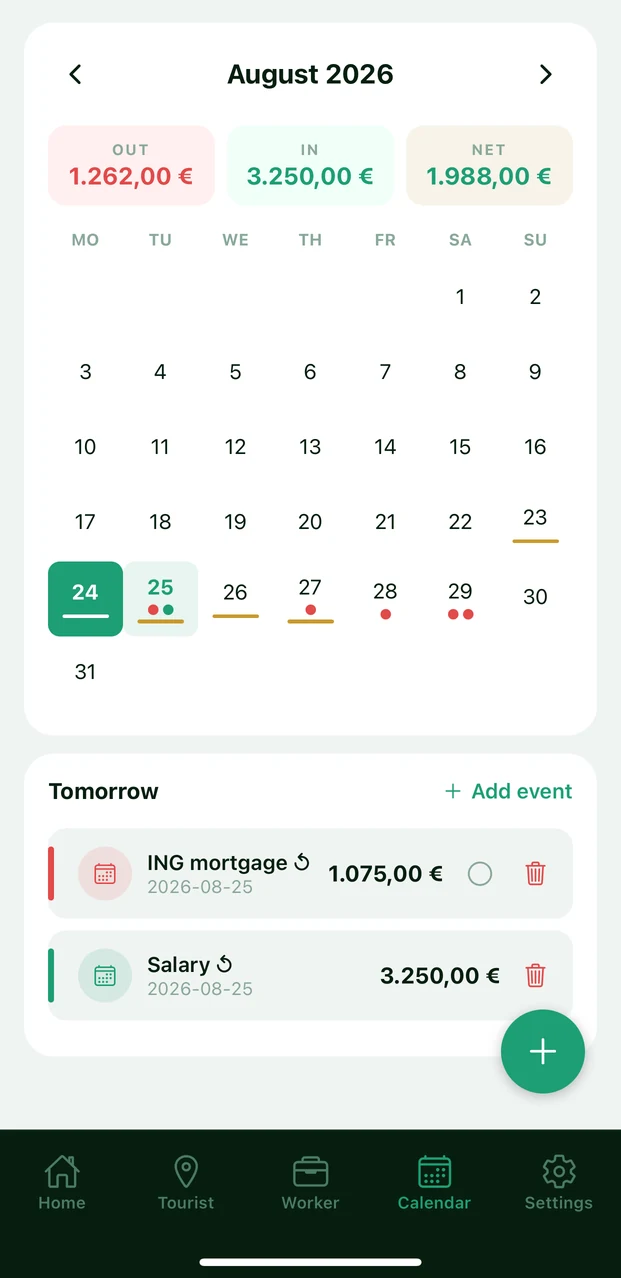 MONVO Calendar: August 2026 with money in, money out and the net for the month, and two recurring events due tomorrow.