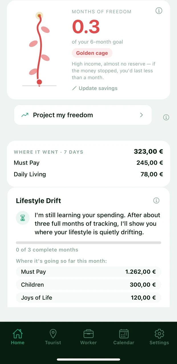 MONVO Resident home screen: months of freedom reading 0.3 of a 6-month goal, labelled Golden cage, above a Lifestyle Drift card that says it is still learning.