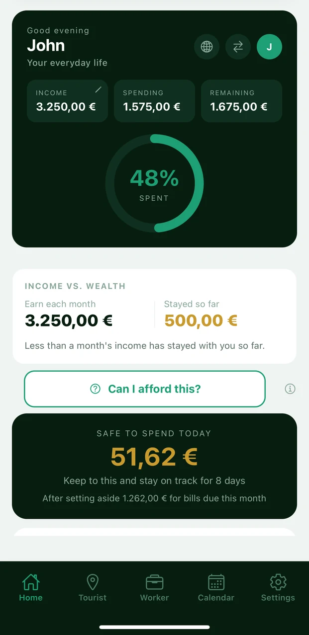 MONVO Resident home screen: income, spending and remaining for the month, with an income versus wealth card.