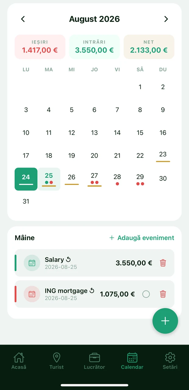 Calendarul MONVO: august 2026 cu banii care intră, banii care ies și netul lunii, plus două evenimente recurente scadente mâine.