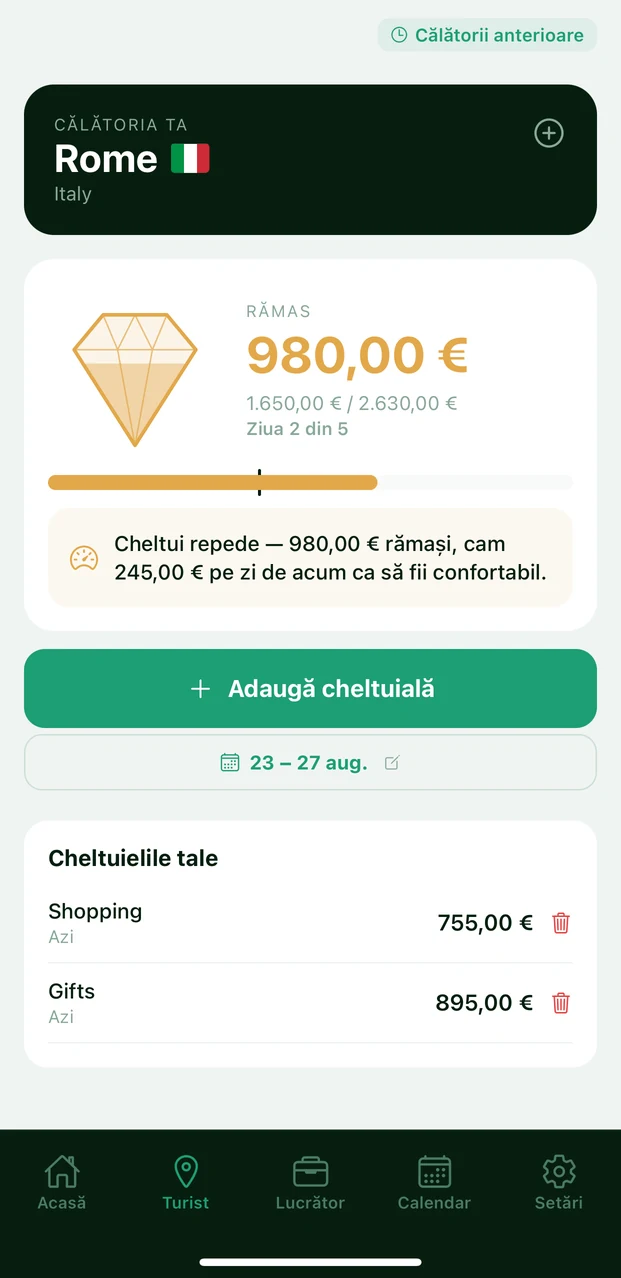 MONVO Turist: o călătorie activă la Roma, cu bugetul rămas, ziua din călătorie și o notă despre ritmul cheltuielilor.
