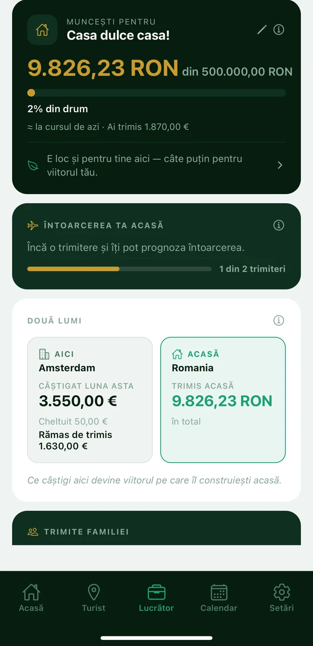 MONVO Lucrător: o Misiune numită Casa dulce casa cu progres în lei și un card Două lumi cu ce ai câștigat aici față de ce ai trimis acasă.