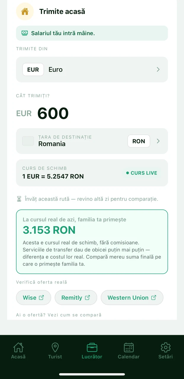 Ecranul MONVO de trimis bani: cursul live, cât primește familia la cursul real și linkuri pentru comparat o ofertă reală.